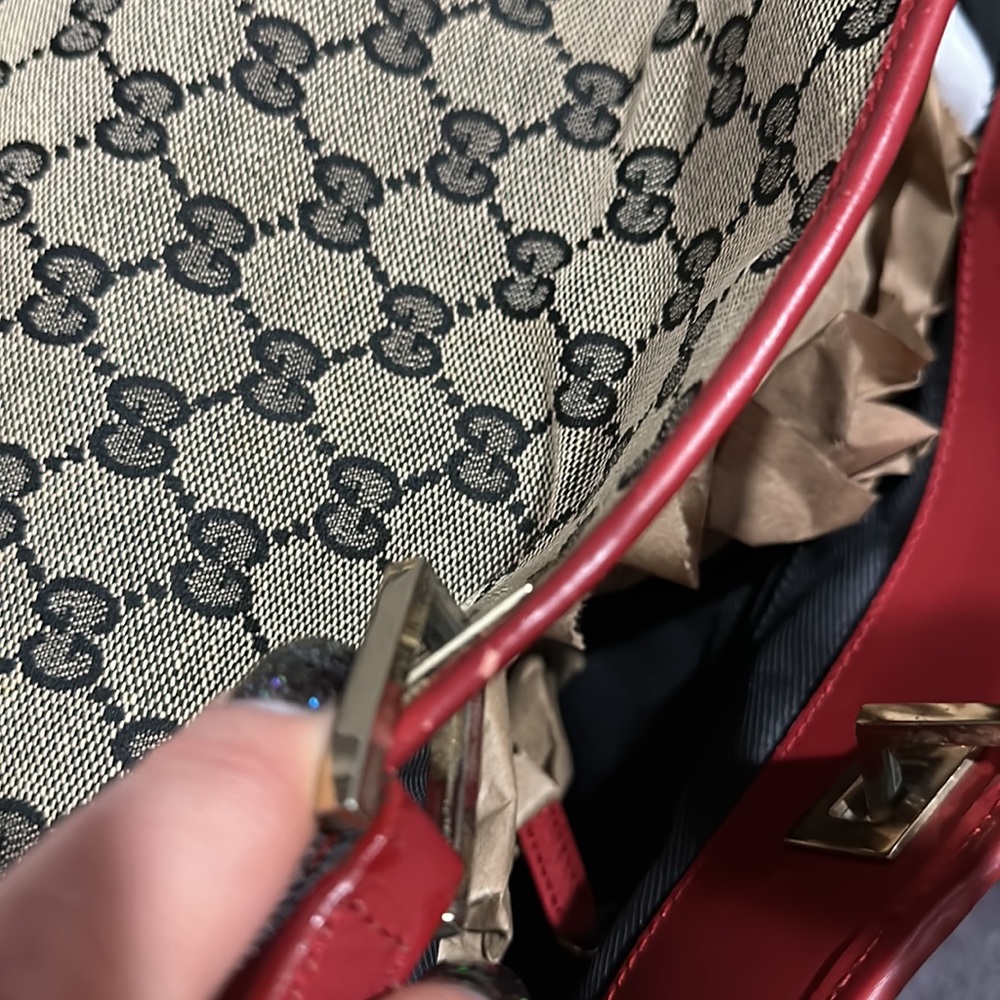 Gucci Signature Print Canvas Tote with red leather handles and trim. - Picture 8 of 17